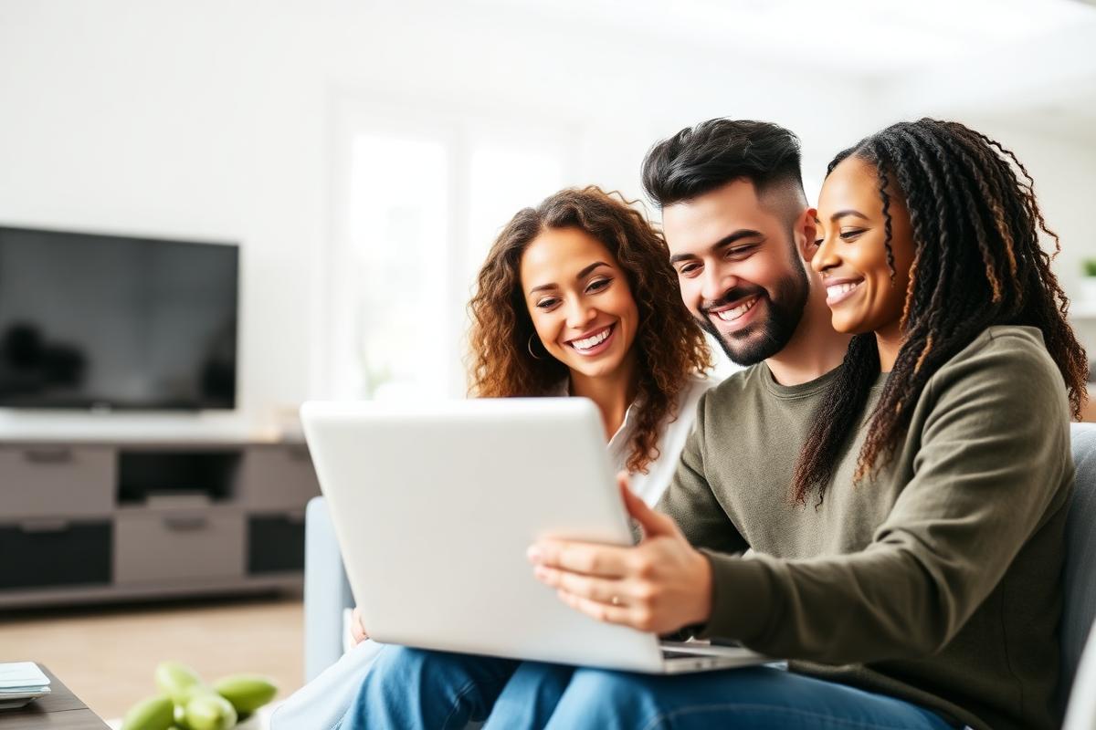 Una giovane coppia che valuta felicemente le opzioni di prestito su un laptop nel proprio soggiorno moderno e luminoso